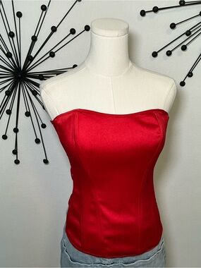 Red Satin Strapless Corset Top Lace Up Side Size Medium